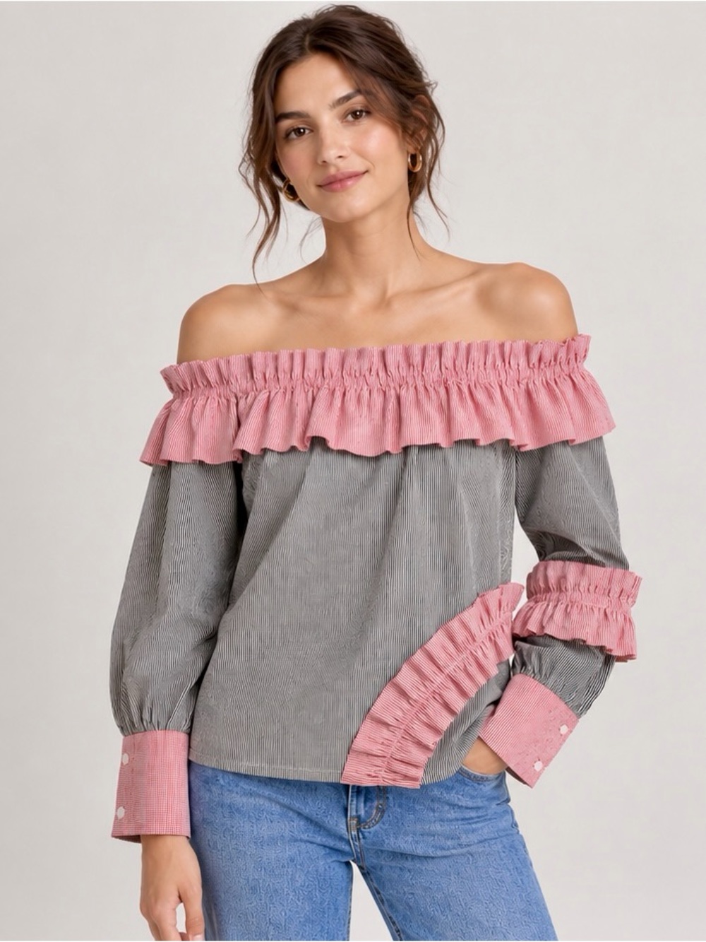 Walter Baker Derrick Top Black White Stripe Pink Ruffle Off Shoulder S